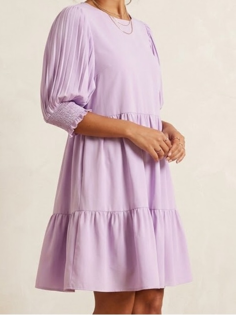 Entro lilac purple pleated short sleeve smocked tiered babydoll mini dress